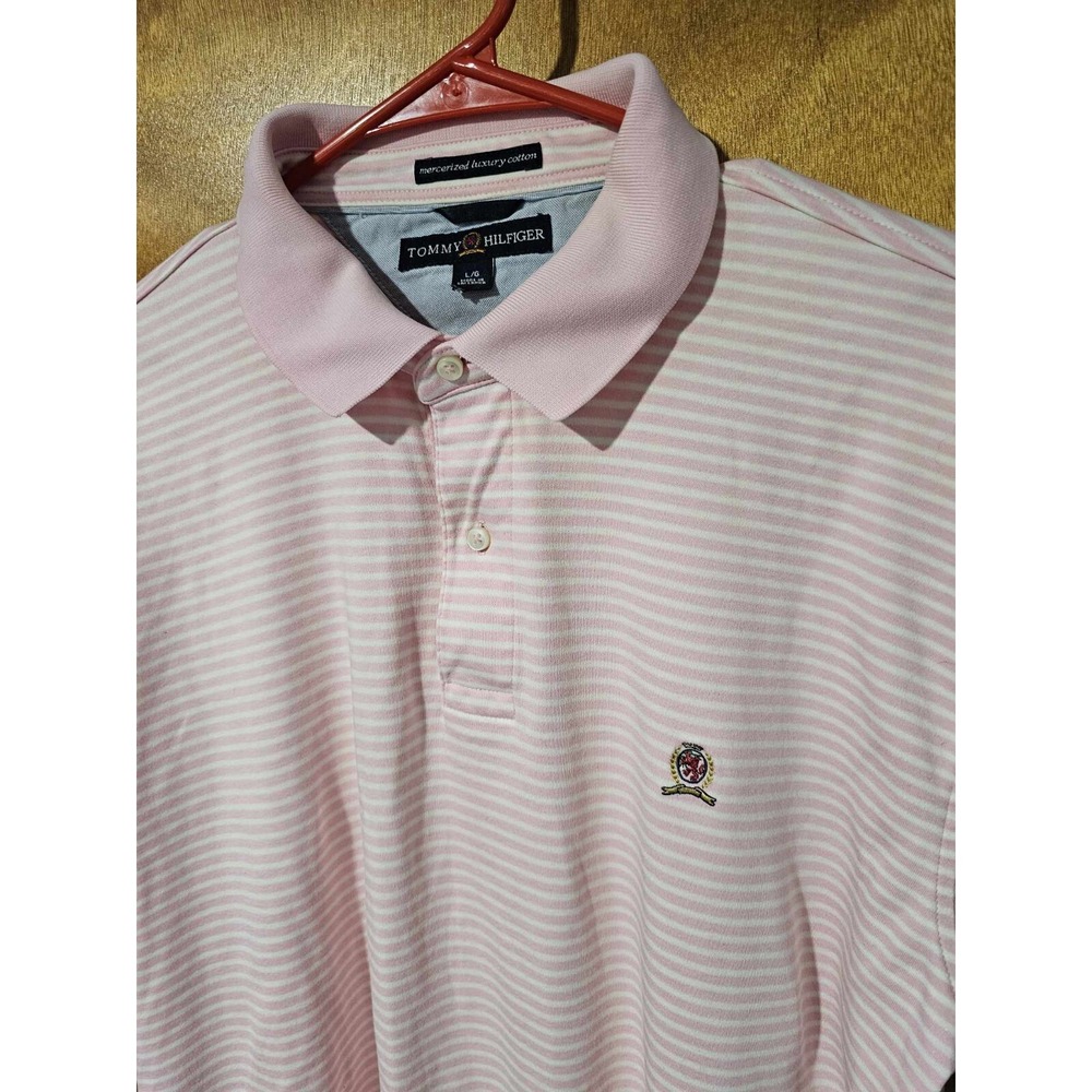 Tommy Hilfiger Mercerized Luxury Cotton Mens Large Pink White Striped Polo - Picture 3 of 7